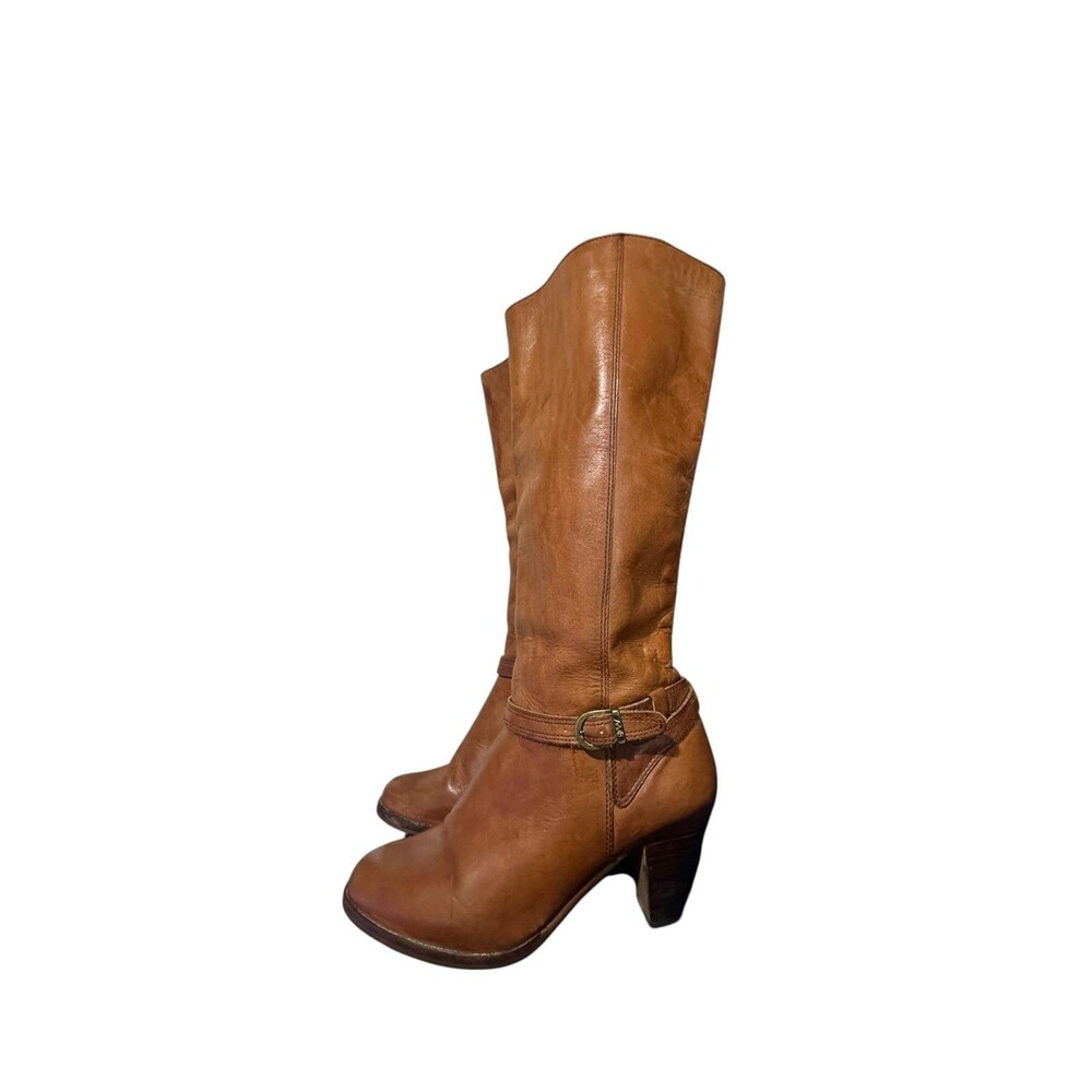 Vintage Nine West Tan Leather 80's Whipstitch Boots Size 7M Boho Buckle Cowgirl